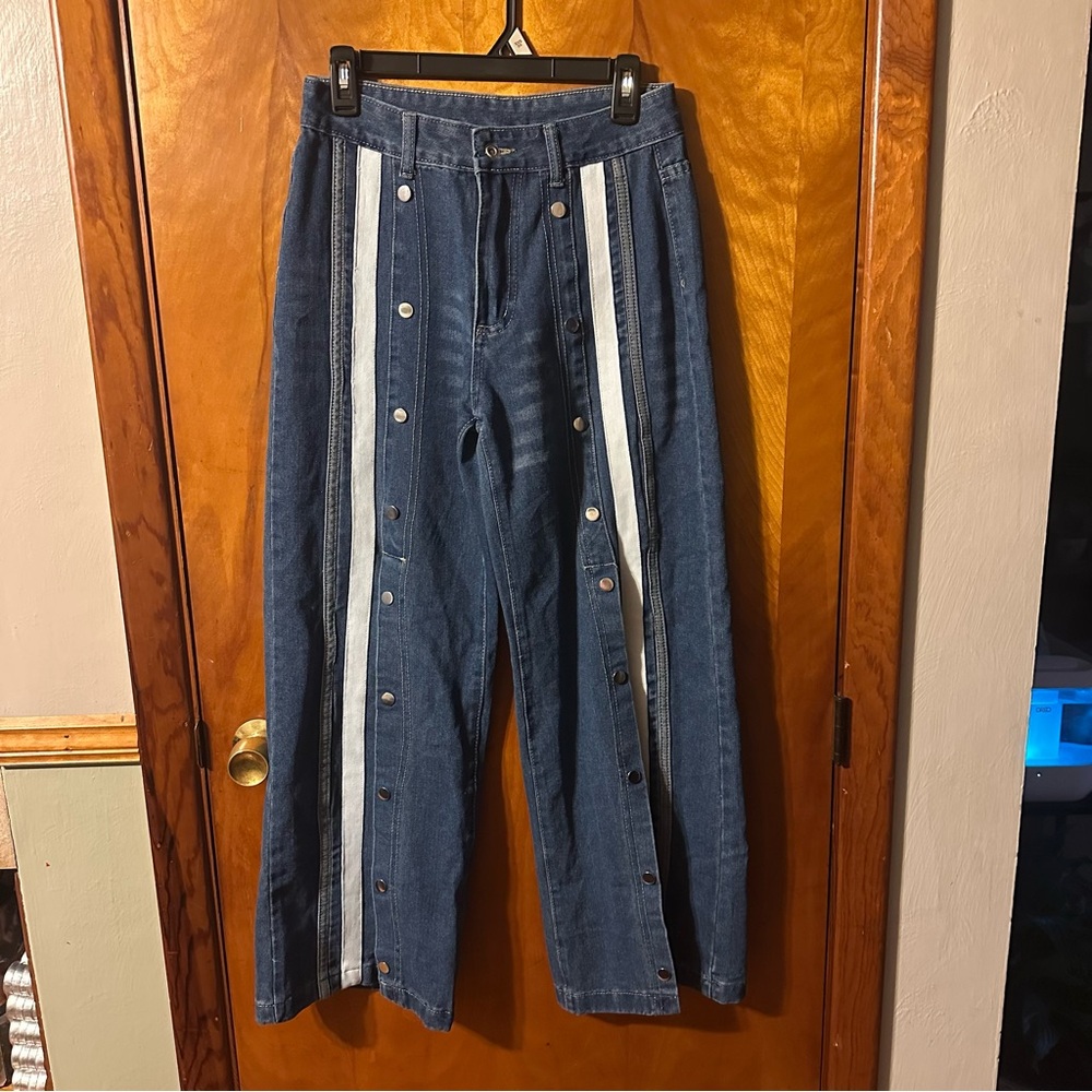 Blue Denim Pants with White Stripes